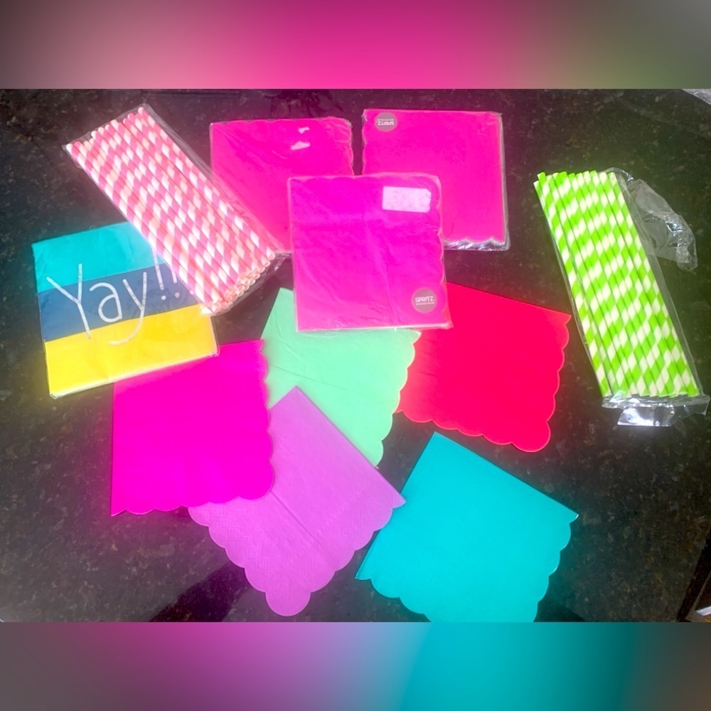 Party Drink Napkins & Striped Pink & Green Straws, cute bright colors, NWT,